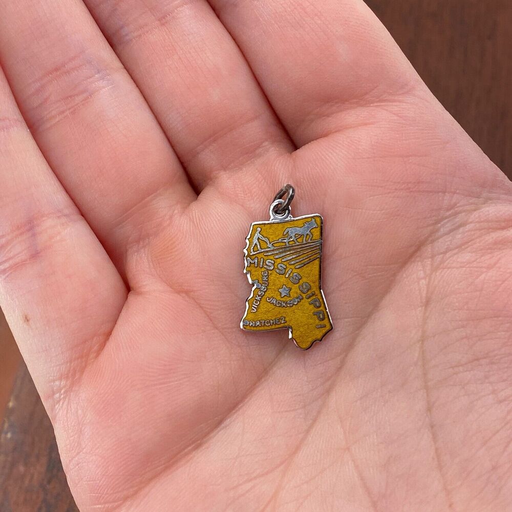 Vintage Wells 925 Sterling Silver Cloisonné "Mississippi" Map Pendant Charm